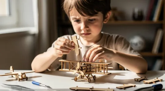 Enfant de 8 ans concentré assemblant méticuleusement une maquette d'avion en bois sur un bureau bien éclairé