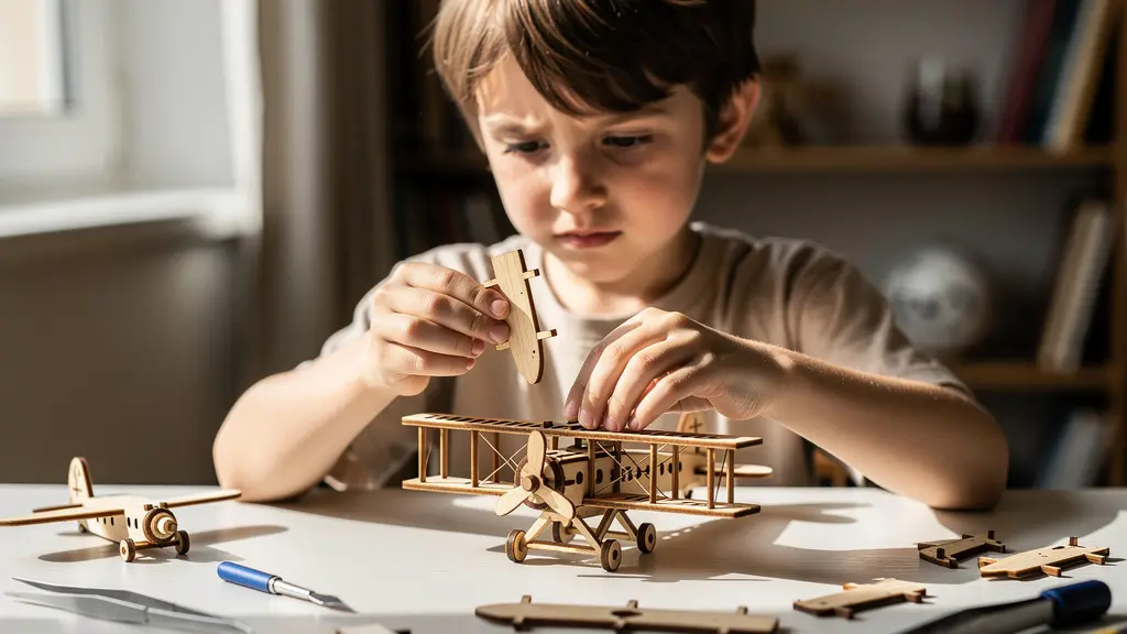 Enfant de 8 ans concentré assemblant méticuleusement une maquette d'avion en bois sur un bureau bien éclairé