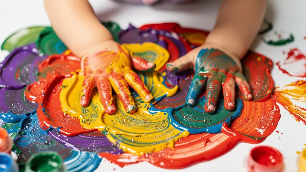 Petit enfant explorant la peinture aux doigts sur une grande feuille de papier