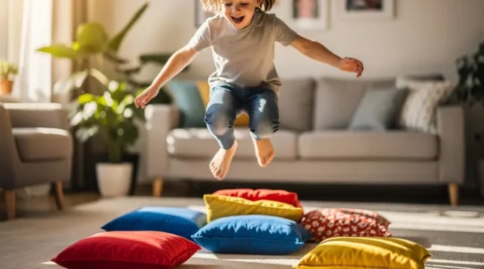 Enfant de 5 ans franchissant joyeusement un parcours de coussins colorés dans un salon lumineux