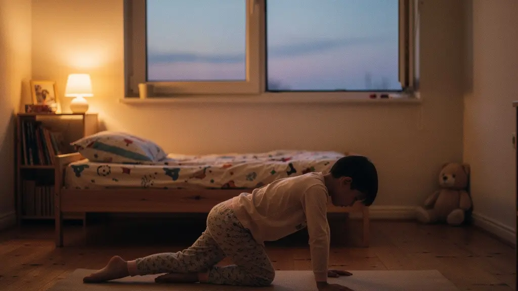 Enfant pratiquant des étirements doux dans sa chambre au coucher du soleil