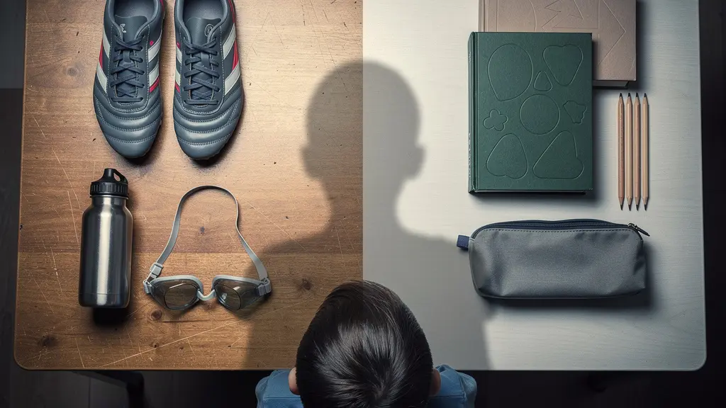 Enfant fatigué entre ses affaires de sport et ses devoirs scolaires