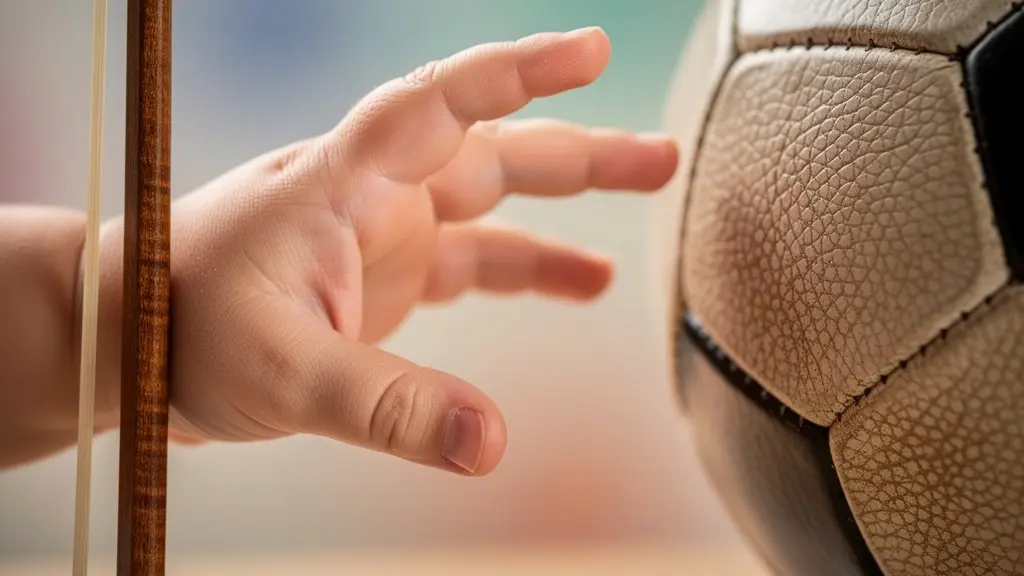 Enfant contemplant un violon et un ballon de football côte à côte