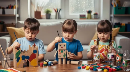 Enfants créant des objets artistiques avec des matériaux recyclés dans un salon lumineux
