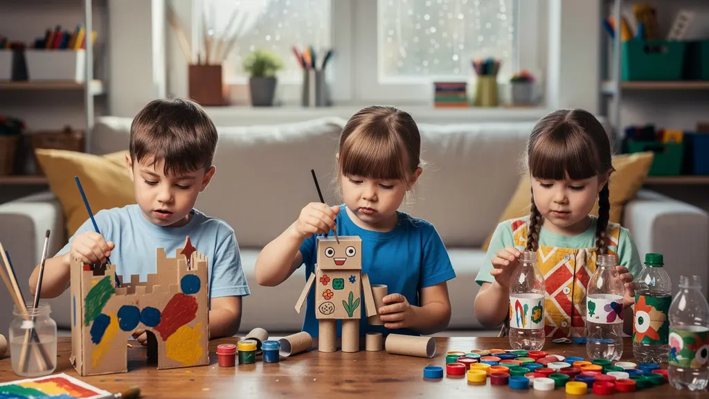 Enfants créant des objets artistiques avec des matériaux recyclés dans un salon lumineux