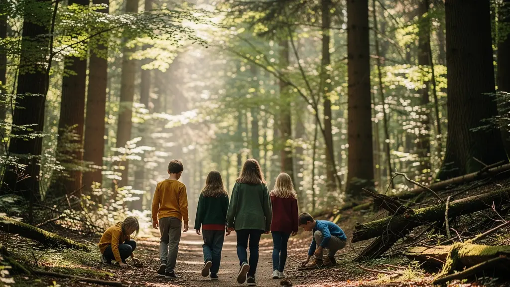 Groupe d'enfants explorant joyeusement un sentier forestier lors d'une sortie nature