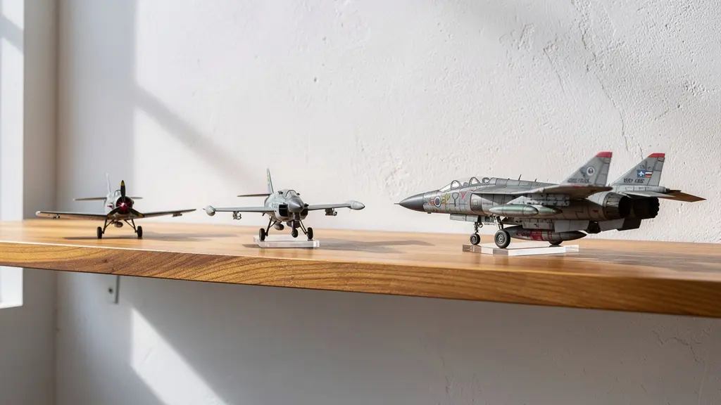 Étagère en bois avec trois maquettes d'avions montrant une progression de complexité, éclairée doucement