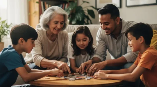 Famille multigénérationnelle engagée dans une activité de jeu interactif dans un salon lumineux et accueillant