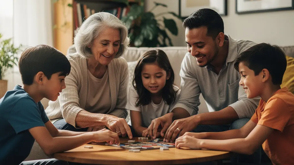 Famille multigénérationnelle engagée dans une activité de jeu interactif dans un salon lumineux et accueillant