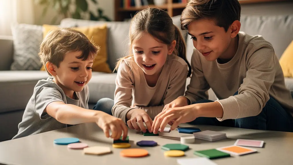 Enfants d'âges différents rassemblés autour d'un jeu de société dans une ambiance chaleureuse