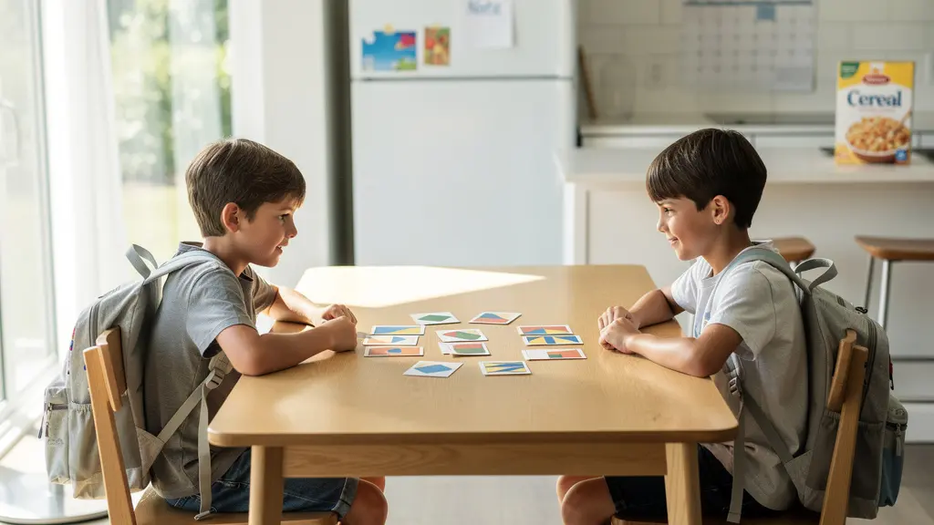 Enfants jouant aux cartes autour d'une table de cuisine après l'école