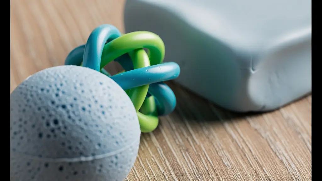 Kit de régulation avec objets sensoriels disposés sur une table : balle anti-stress, tangle et pâte à modeler