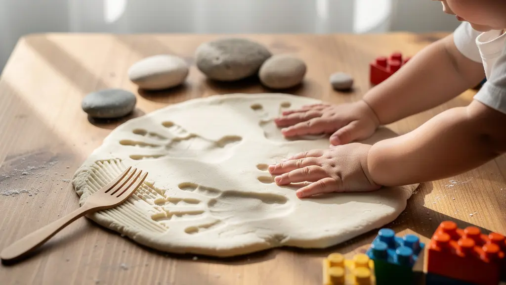 Petites mains d'enfant créant des empreintes dans la pâte à sel étalée