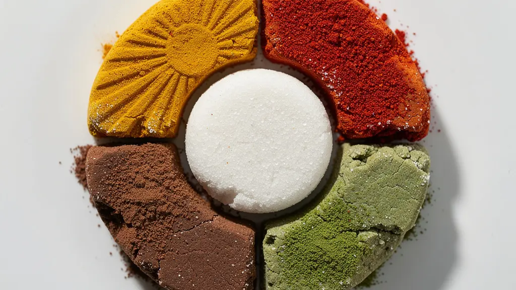 Échantillons de pâte à sel colorée avec différentes épices disposés en cercle