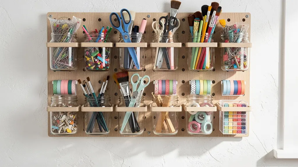 Mur organisé avec pegboard coloré rempli de fournitures créatives accessibles