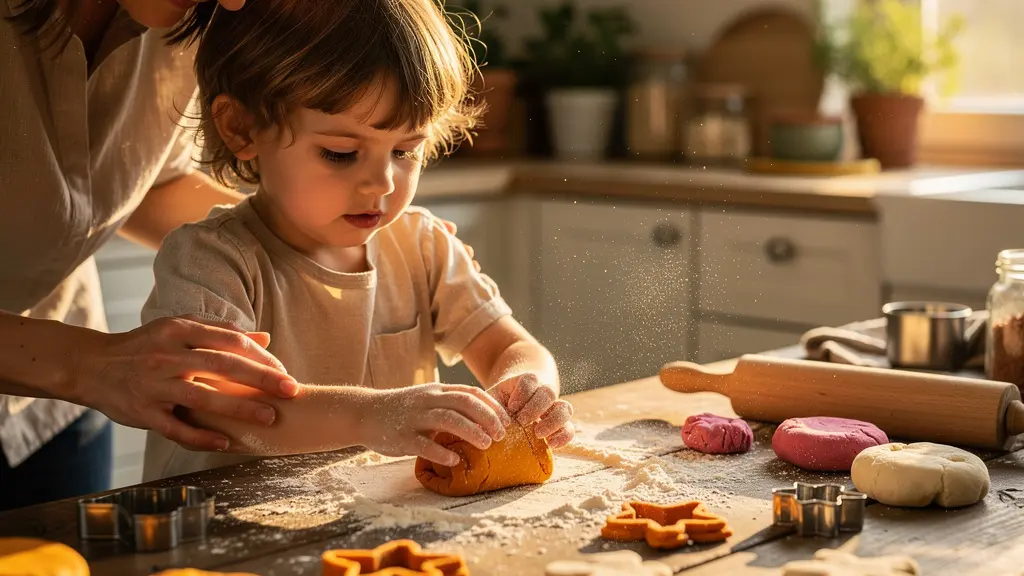 Parent et enfant modelant de la pâte à sel colorée sur une table en bois naturel