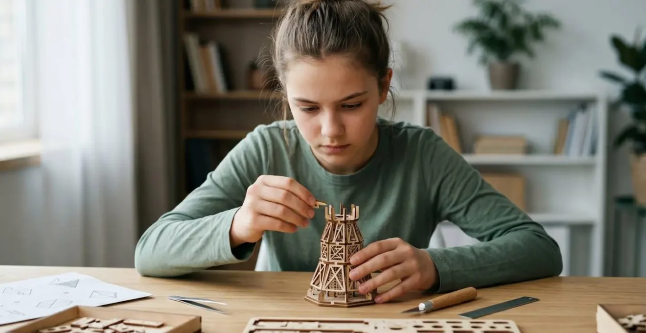 Adolescent concentré assemblant minutieusement une maquette complexe sur une table bien éclairée