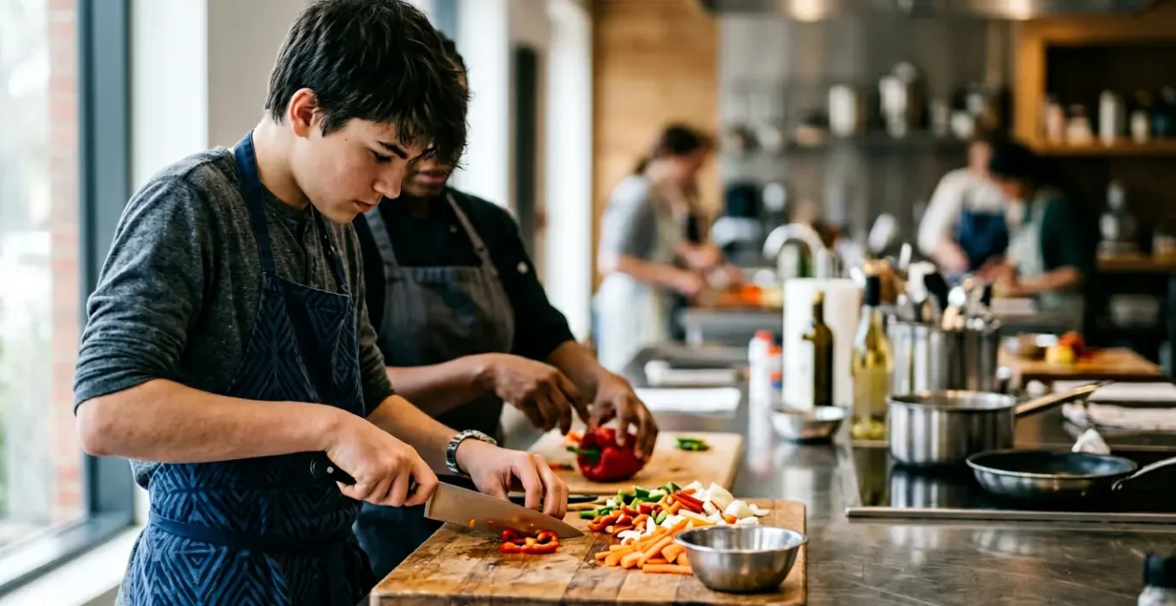 Adolescent concentré apprenant une technique culinaire professionnelle dans un cours de cuisine