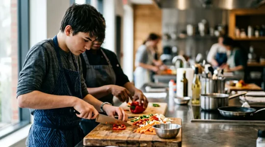 Adolescent concentré apprenant une technique culinaire professionnelle dans un cours de cuisine