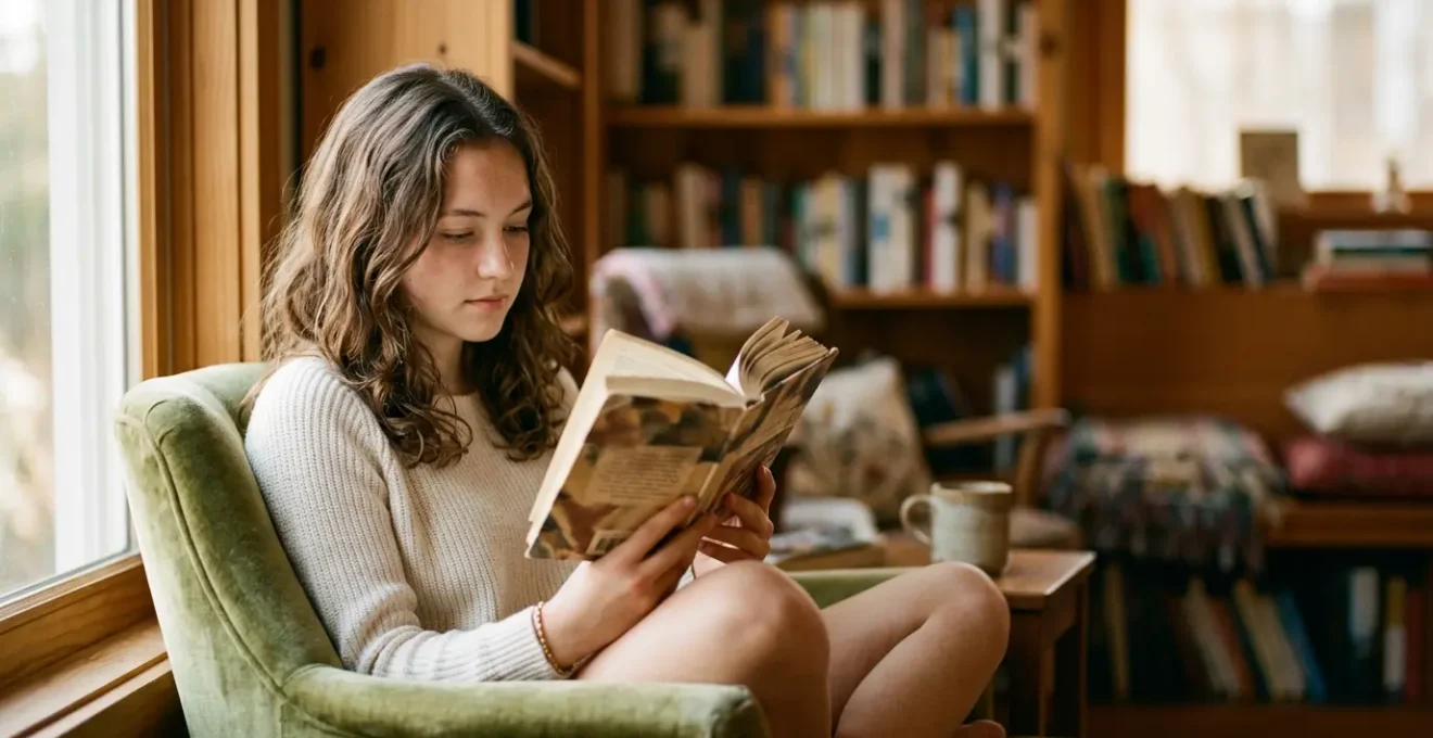 Adolescent concentré sur un livre dans un espace calme et lumineux, environnement sans écrans