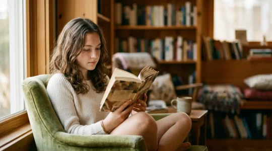 Adolescent concentré sur un livre dans un espace calme et lumineux, environnement sans écrans
