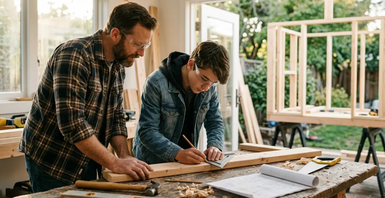 Parent et adolescent travaillant ensemble sur la construction d'une cabane en bois dans un atelier lumineux