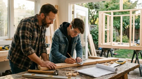 Parent et adolescent travaillant ensemble sur la construction d'une cabane en bois dans un atelier lumineux