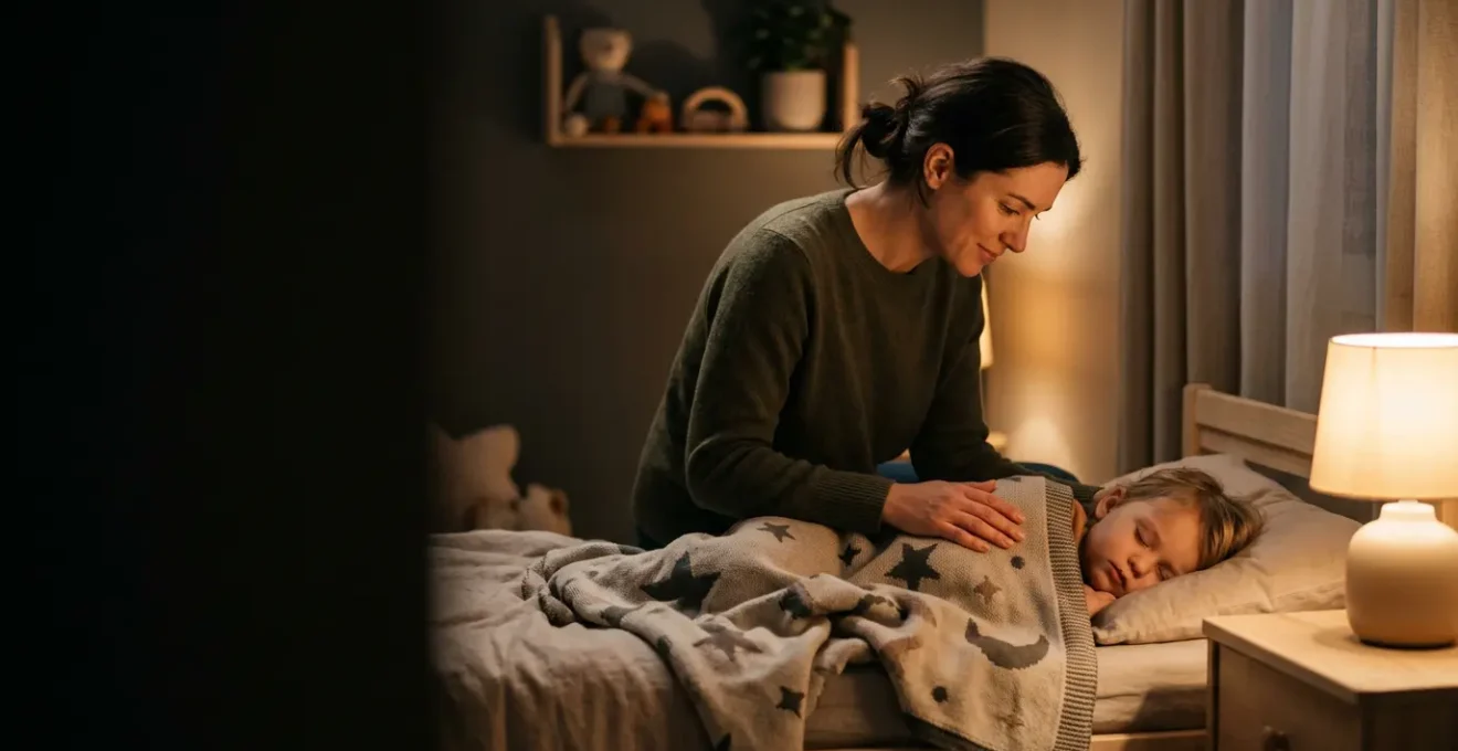Moment intime parent-enfant au coucher avec histoire du soir dans une chambre apaisante