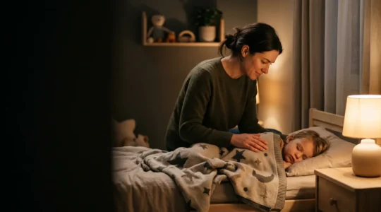 Moment intime parent-enfant au coucher avec histoire du soir dans une chambre apaisante