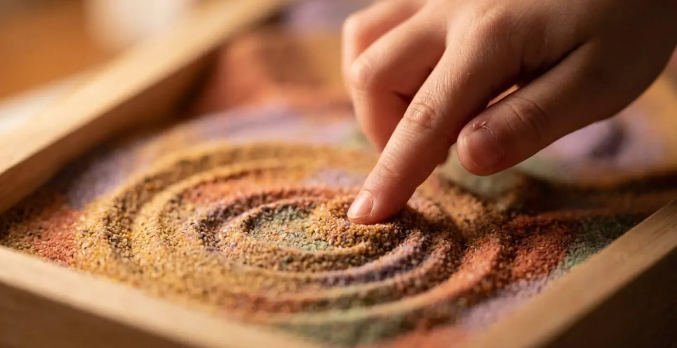 Détail macro de mains d'enfant créant un mandala tactile avec du sable coloré