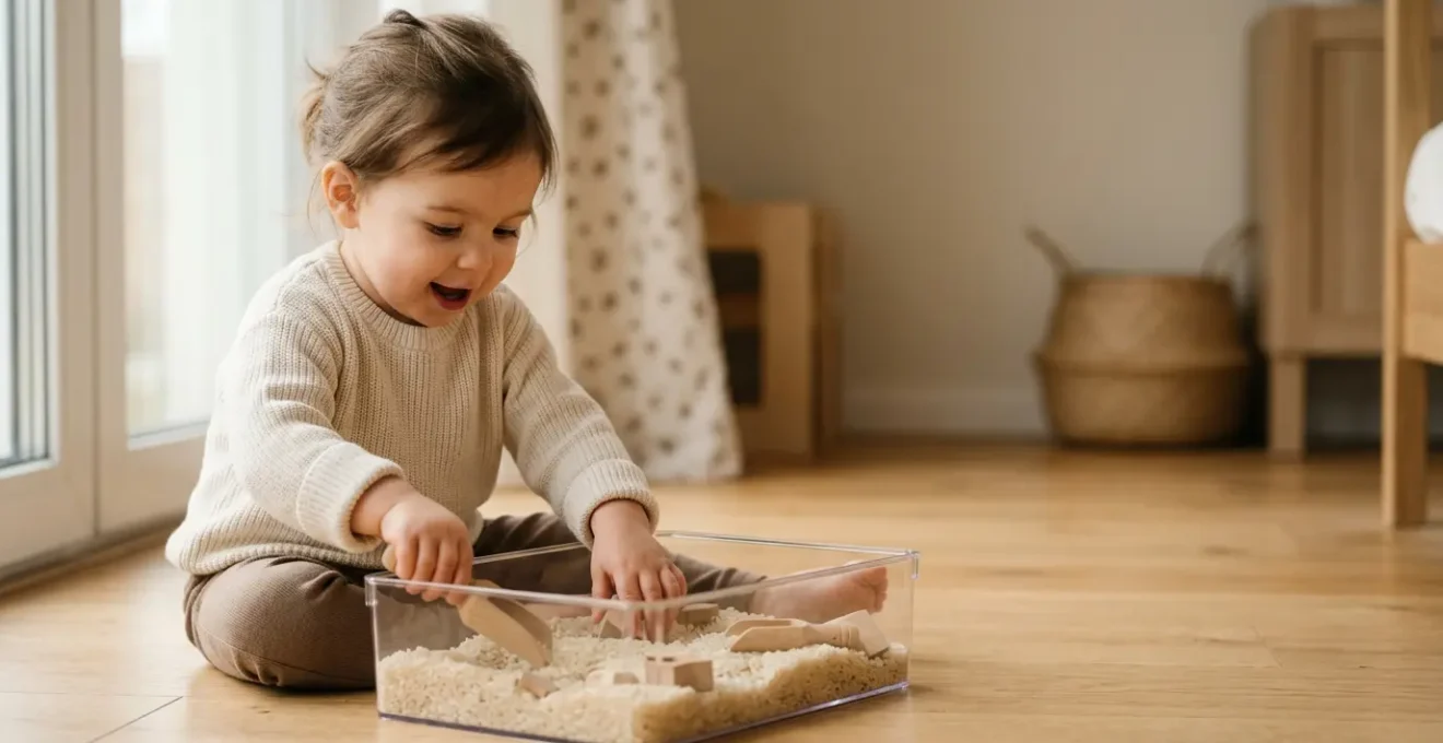 Bébé de 18 mois explorant un bac sensoriel rempli de matériaux naturels dans un environnement lumineux et apaisant