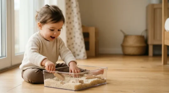 Bébé de 18 mois explorant un bac sensoriel rempli de matériaux naturels dans un environnement lumineux et apaisant
