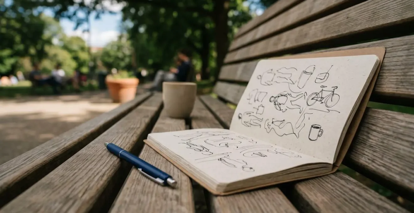 Carnet de croquis ouvert posé dans un environnement quotidien invitant à la création spontanée