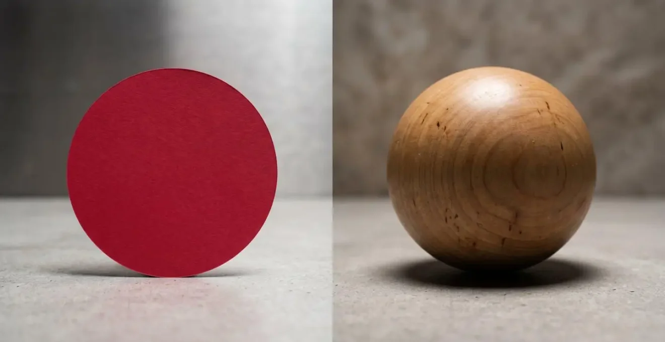 Cercle plat en papier rouge à côté d'une sphère en bois sur fond neutre