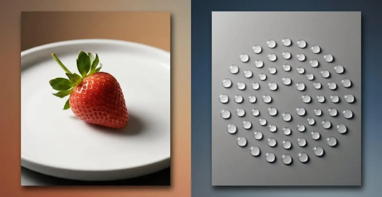 Mise en scène symbolique opposant une fraise fraîche entière et des gouttes de liquide aromatique