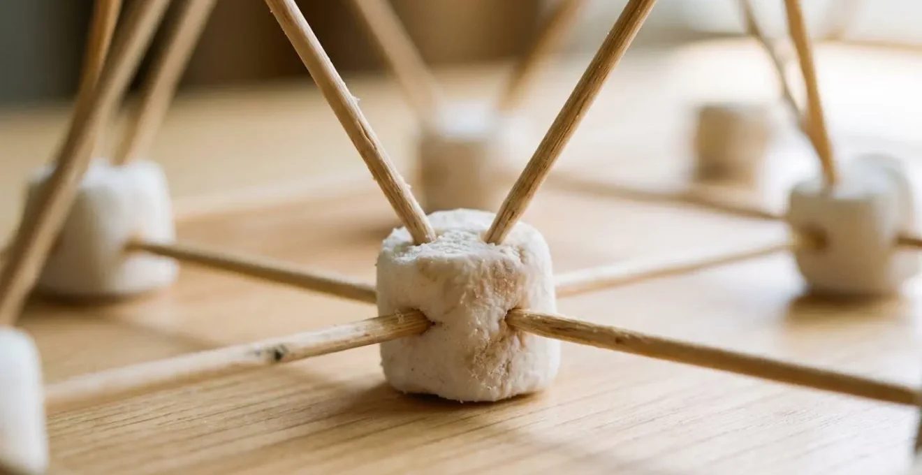 Structure triangulaire construite avec des guimauves et des cure-dents sur une table, montrant les principes de résistance
