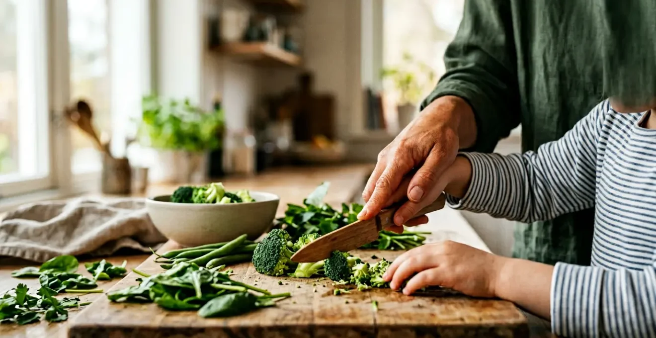 Parent et enfant préparant ensemble des légumes verts bio dans une cuisine lumineuse