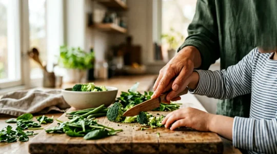 Parent et enfant préparant ensemble des légumes verts bio dans une cuisine lumineuse