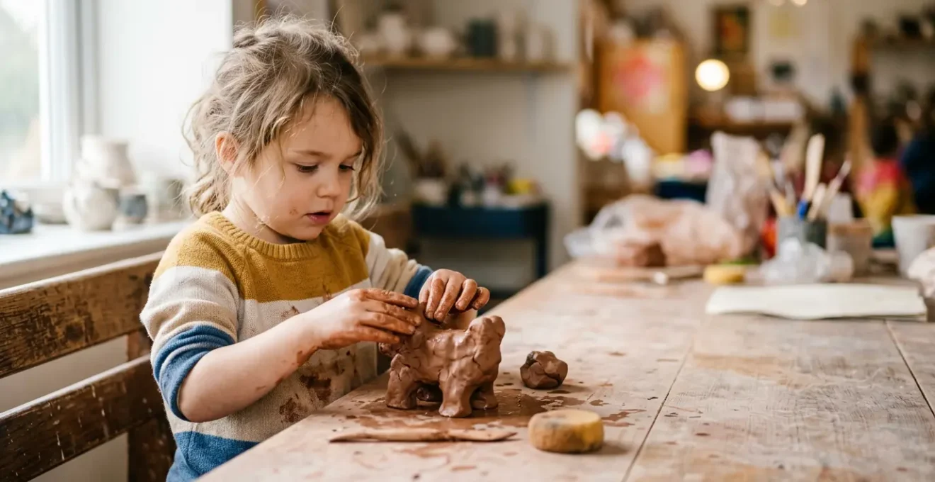 Enfant de quatre ans concentré sur le modelage d'une sculpture en argile, explorant les formes tridimensionnelles avec ses mains