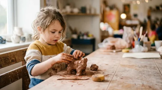 Enfant de quatre ans concentré sur le modelage d'une sculpture en argile, explorant les formes tridimensionnelles avec ses mains
