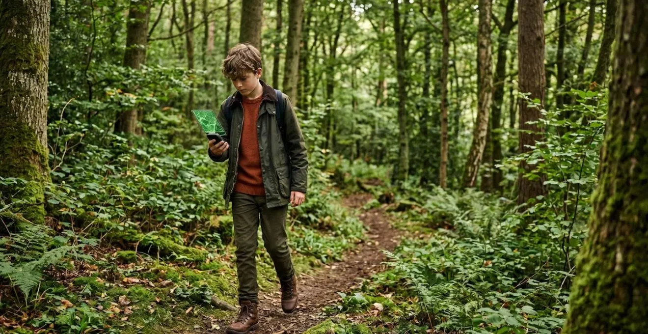 Adolescent concentré utilisant un GPS lors d'une chasse au trésor géocaching en forêt