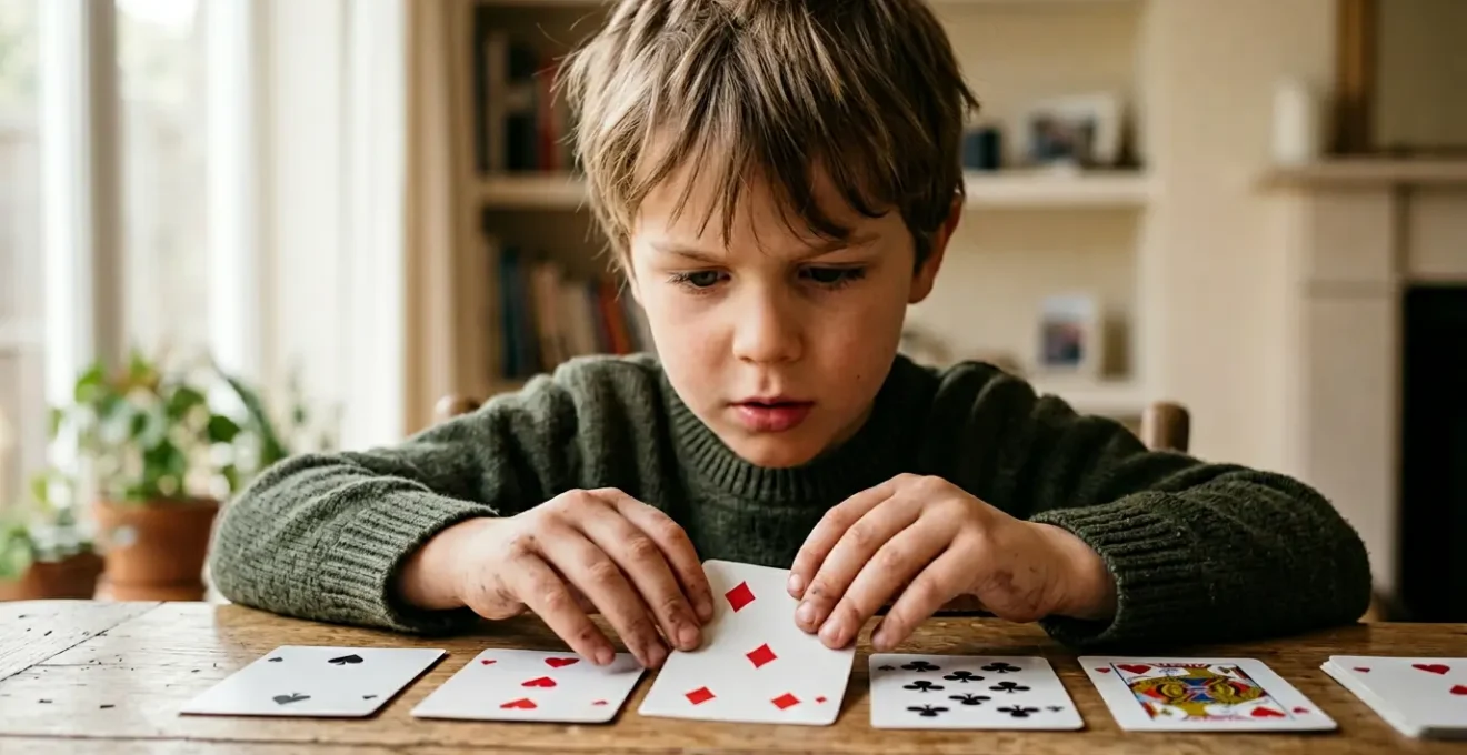 Enfant de 8 ans concentré sur un jeu de cartes développant sa logique mathématique