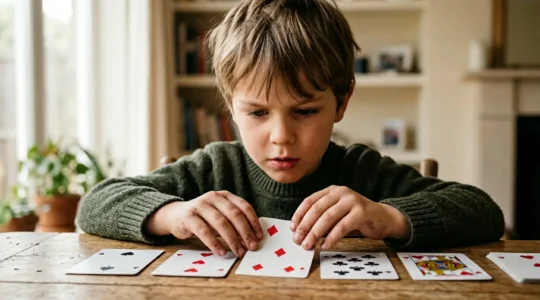 Enfant de 8 ans concentré sur un jeu de cartes développant sa logique mathématique