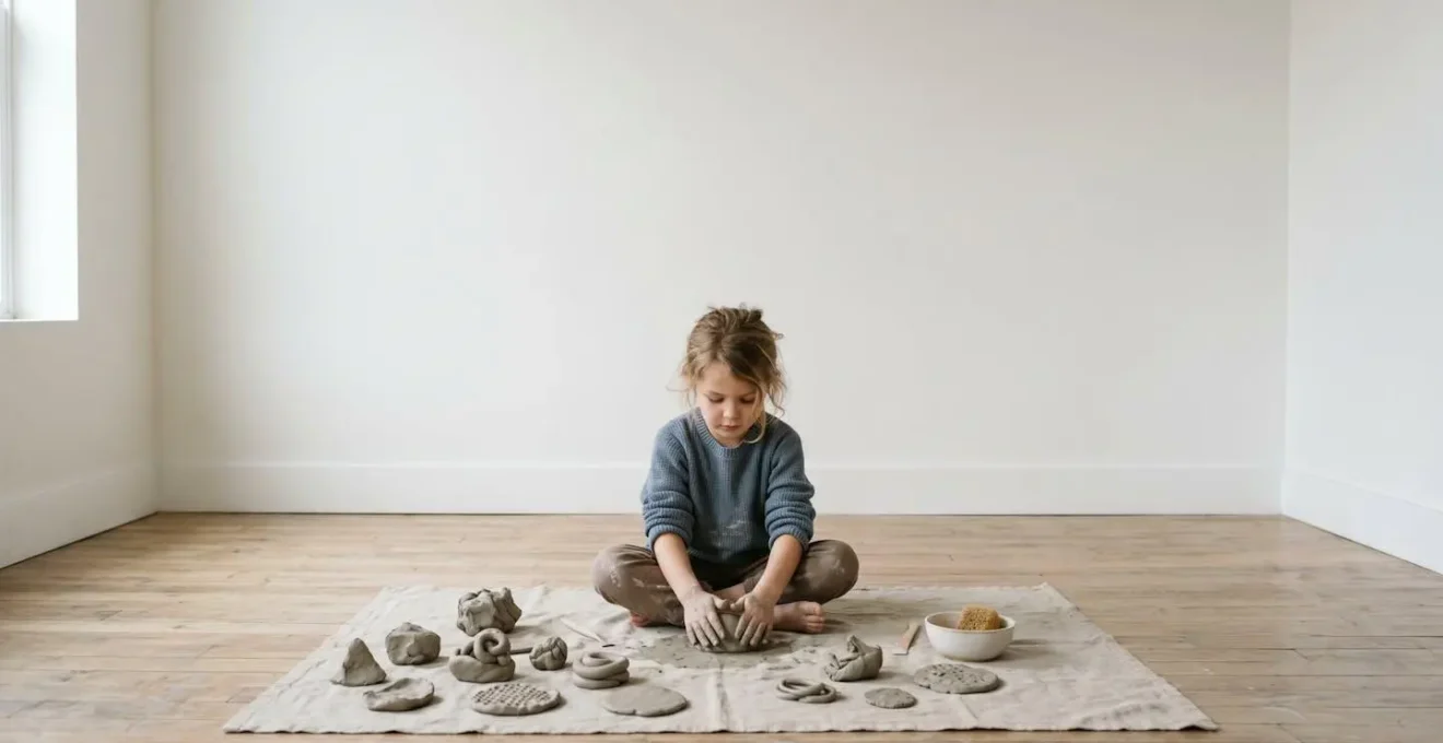 Enfant explorant librement l'argile dans un espace épuré favorisant la créativité spontanée