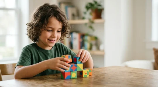 Enfant manipulant des blocs de code colorés pour apprendre la logique algorithmique