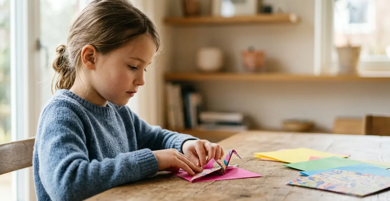 Enfant concentré pliant du papier origami coloré sur une table calme