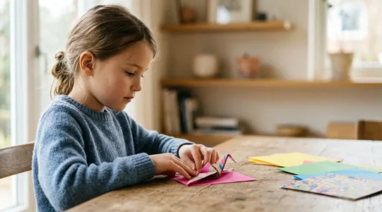 Enfant concentré pliant du papier origami coloré sur une table calme
