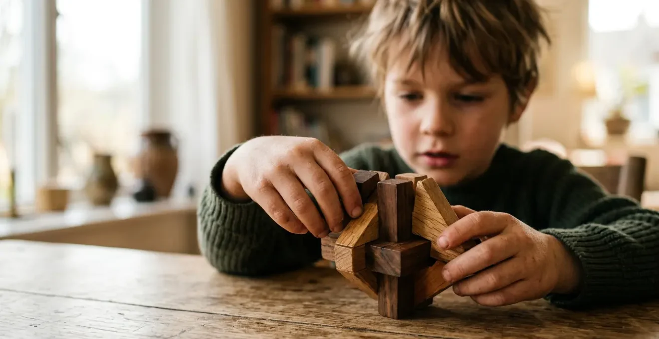 Enfant concentré manipulant un casse-tête physique avec détermination