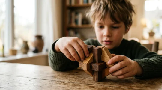 Enfant concentré manipulant un casse-tête physique avec détermination