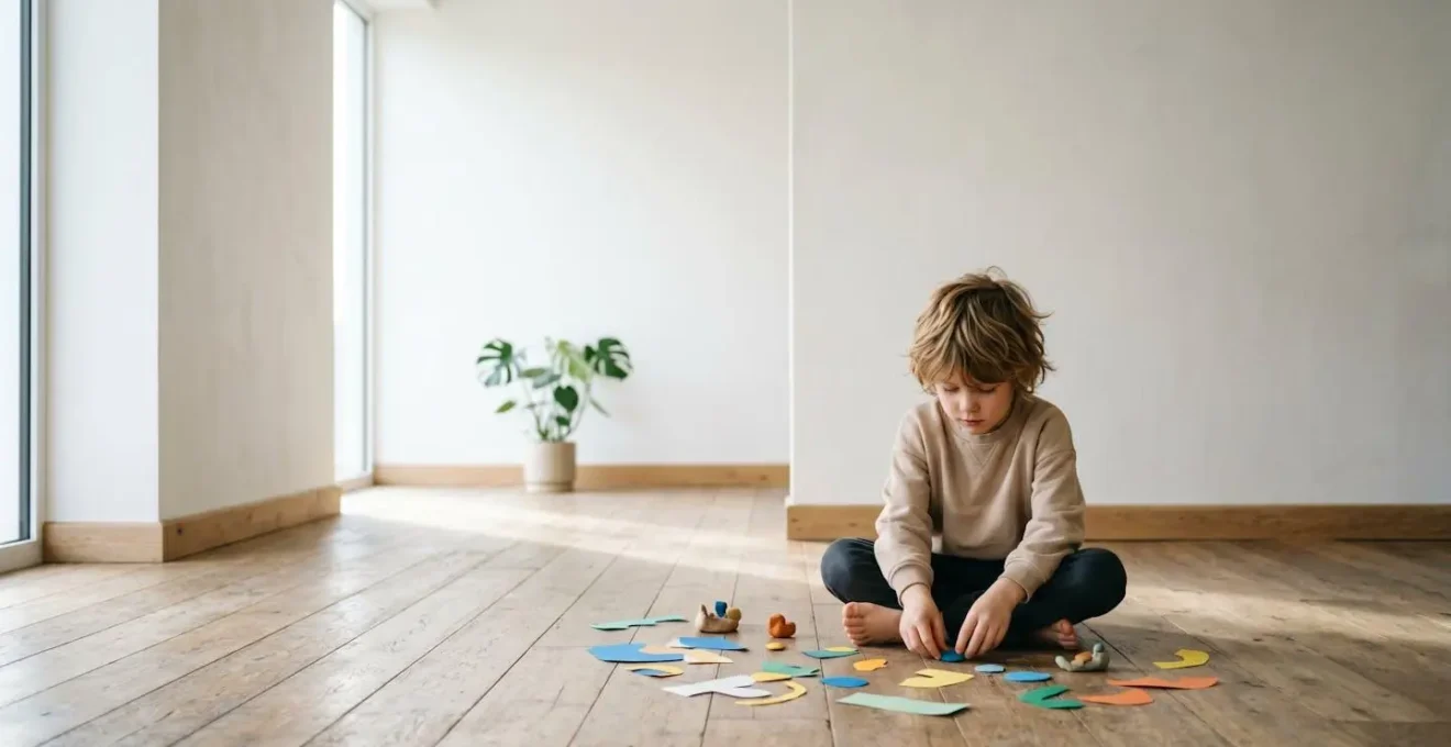 Vue large d'un enfant absorbé par une activité créative manuelle sur le sol avec des matériaux colorés dans un espace minimaliste baigné de lumière naturelle